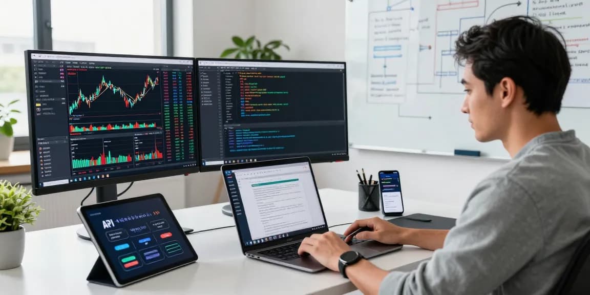 Real-time stock data visualization on multiple screens illustrating a multi-ticker US stock batch API integration in a modern workspace.