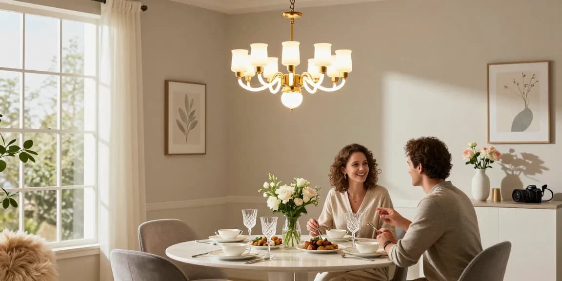 Iluminare elegantă cu candelabre led în dining, masă frumos aranjată și atmosferă caldă.