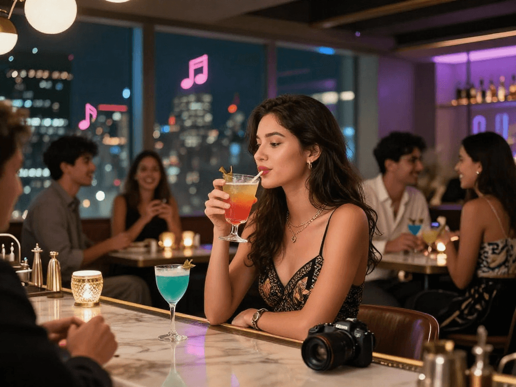 Gái gọi thưởng thức đồ uống tại quán bar sang trọng trong không khí sôi động.