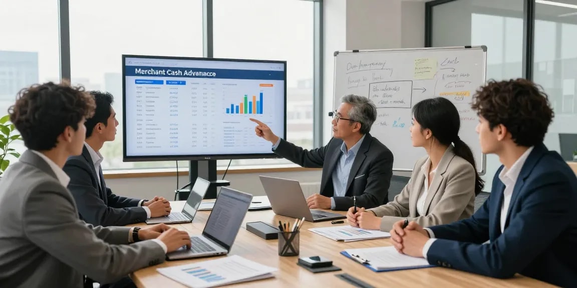 Team discussing merchant cash advance UK options in modern office setting, focusing on funding solutions for small businesses.