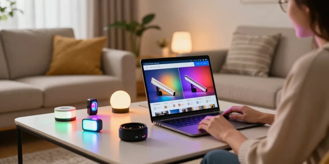 Benzi LED premium expuse pe laptop într-un ambient modern și confortabil