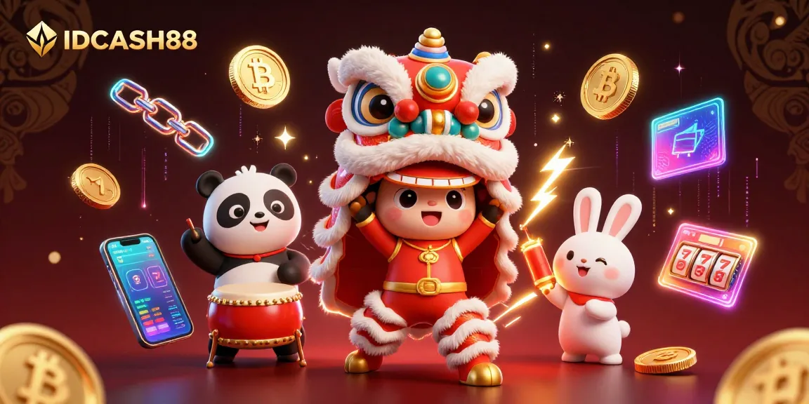 Experience thrilling play with IDCASH88 as vibrant characters celebrate with slot reels and crypto elements.