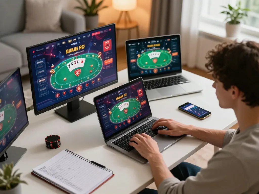 Engaging in online poker gaming at home with MM88 TODAY, showcasing a laptop setup and strategic notes.