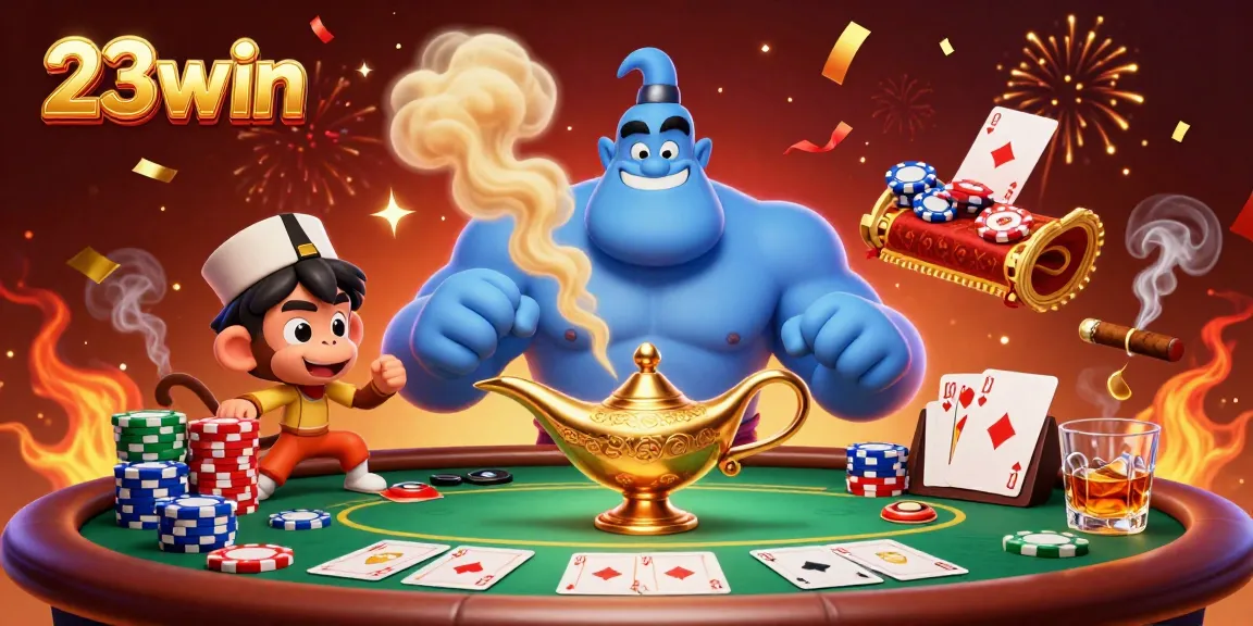 Experience excitement at 23win with a genie and poker chips in this vibrant casino scene.