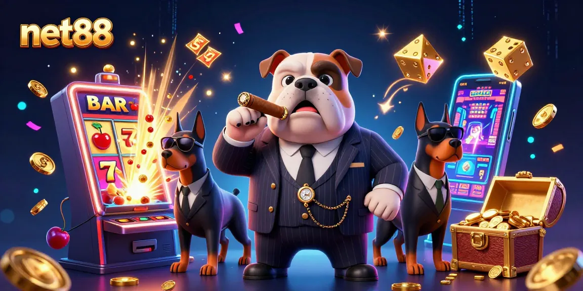 net88 promo illustration with a mafia bulldog and Doberman bodyguards surrounded by slot game elements.