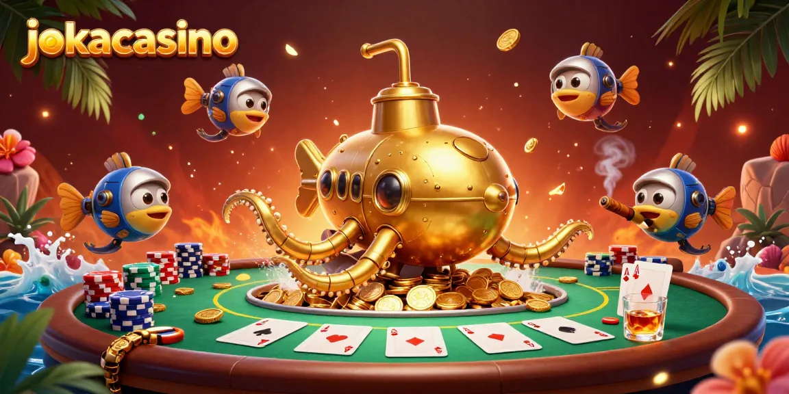 Experience the thrill of jokacasino with a vibrant 3D illustration of a kraken submarine among poker elements.