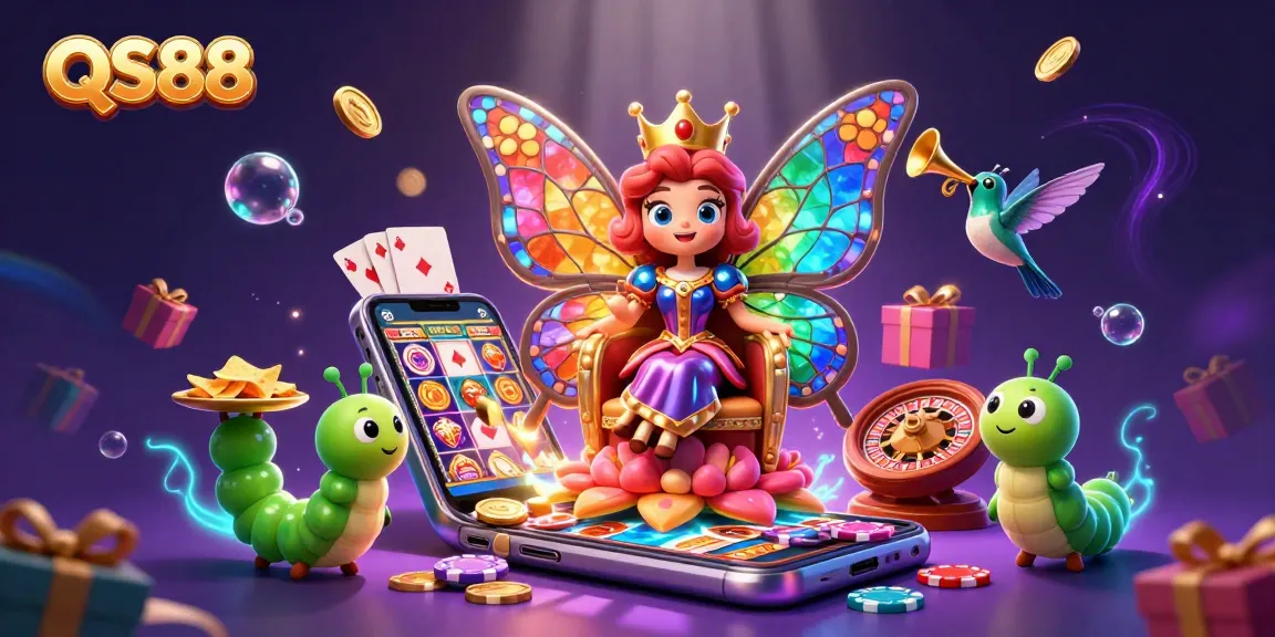 Experience the vibrant world of QS88 with lively games and a colorful butterfly queen illustrating casino excitement.
