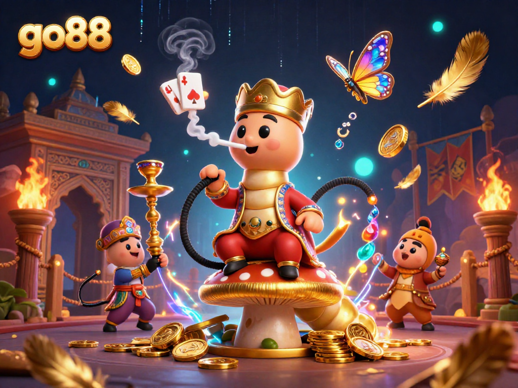 Experience the excitement of go88 with a 3D illustration of vibrant casino elements and a whimsical hookah-master character.