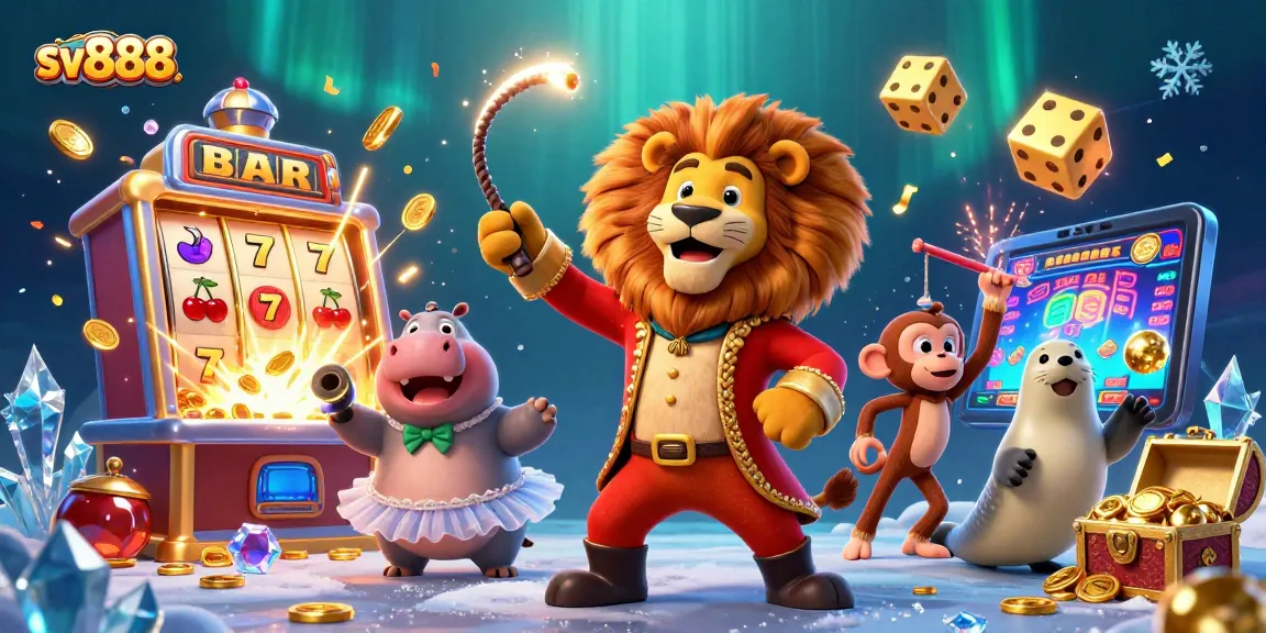 Experience the thrill of sv888 gaming with vibrant circus characters and dynamic casino elements.