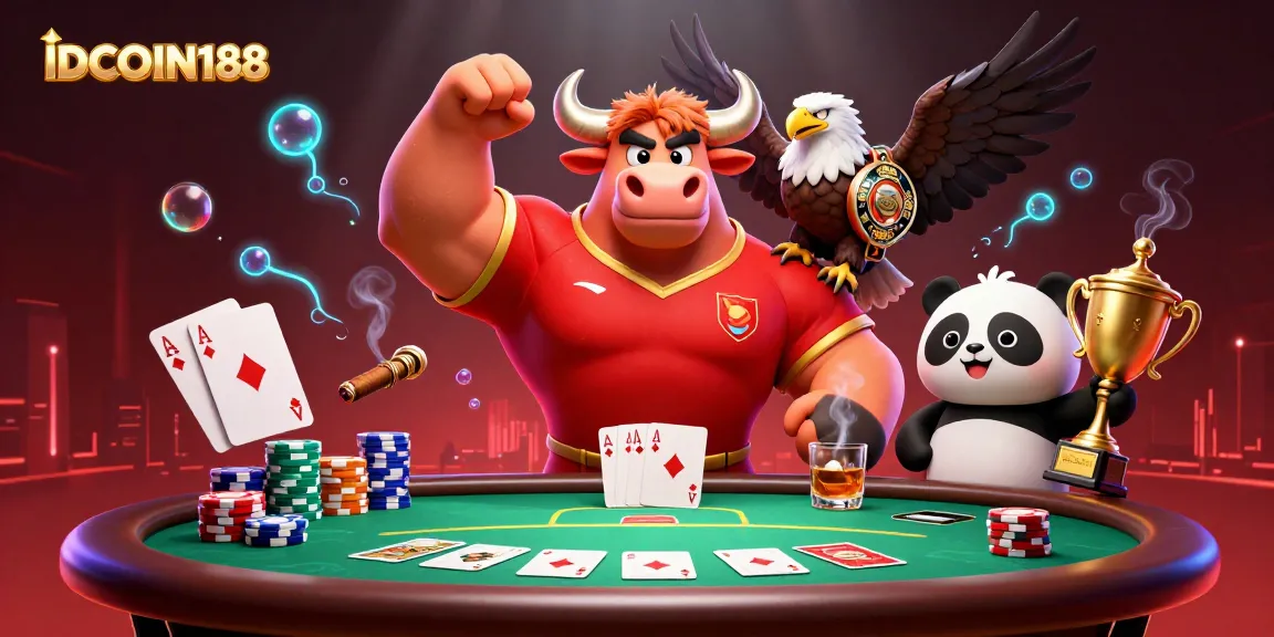 IDCOIN188 celebrating casino wins with energetic characters and a vibrant poker setting.