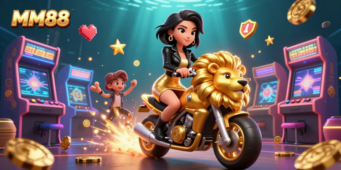 Experience the thrilling world of MM88 with a glamorous Asian woman riding a lion mascot amidst casino excitement.