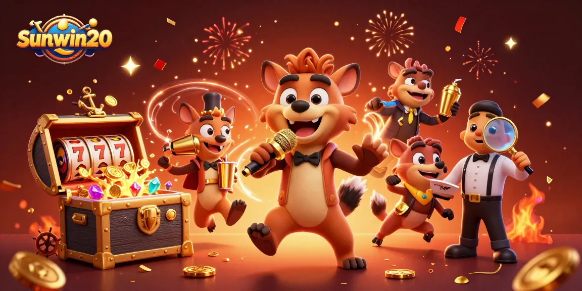 Experience the excitement of sunwin20 with vibrant casino action featuring hyenas at a comedy club and slot machines.