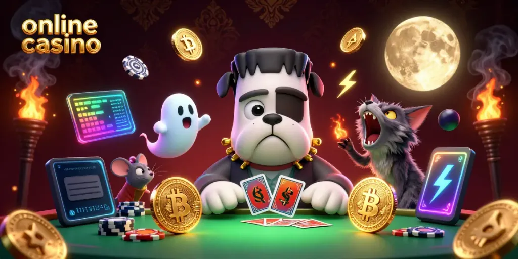 Engaging online casino scene featuring a cartoon bulldog dealer, ghost mouse, and werewolf kitten.