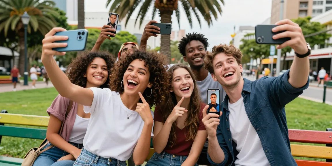 You can look like celebrities too! Friends enjoying an outdoor gathering while comparing their celebrity look-alike matches using an AI face identifier app in a vibrant park setting.