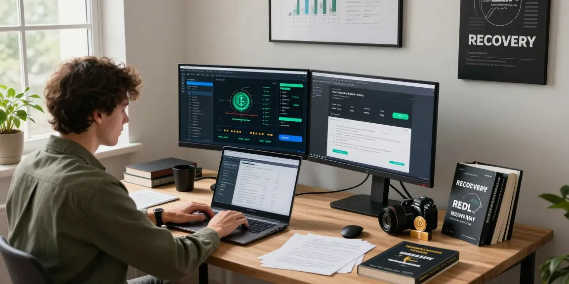 Person focused on recovering lost crypto assets in a modern home office, surrounded by cryptocurrency recovery tools and guides.