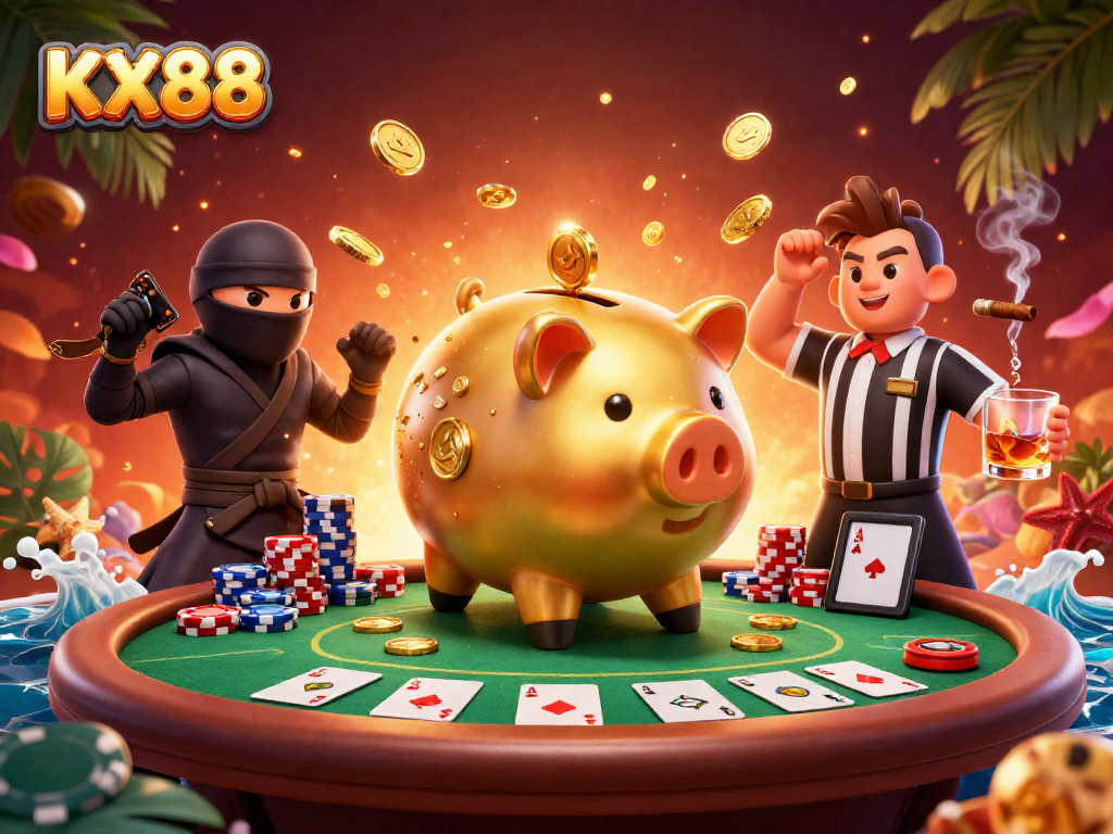 KX88 sports betting action featuring a golden piggy bank sumo wrestler, wallet-ninja, and credit-card samurai dodging coins