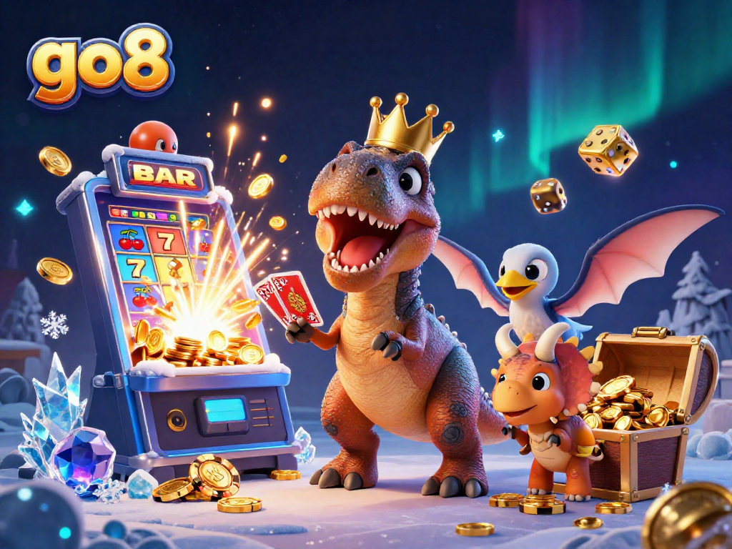Experience excitement at go8 with a fun dinosaur-themed casino scene featuring vibrant slot gaming elements.