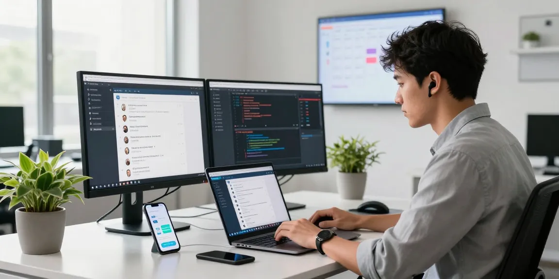 Explore the Telegram Web Version in a modern tech workspace with dual monitors and a sleek laptop setup.