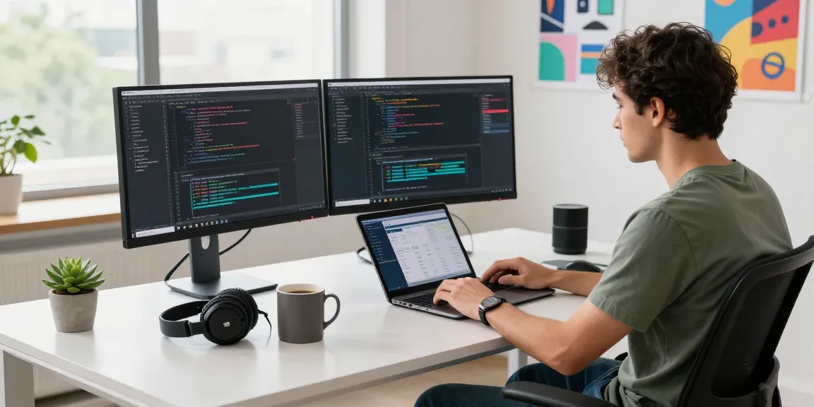 Dynamic software development workspace at teiegramin.com featuring an engineer debugging code with modern tech setup.