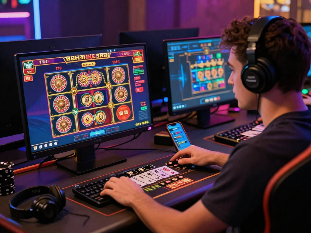 Giocatore di casinò online non aams impegnato in giochi con schermo colorato e accessori di gioco nel suo ambiente.