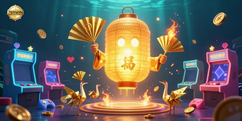 Experience the magic of 789WIN in this vibrant casino scene with golden lantern spirit and arcade games.