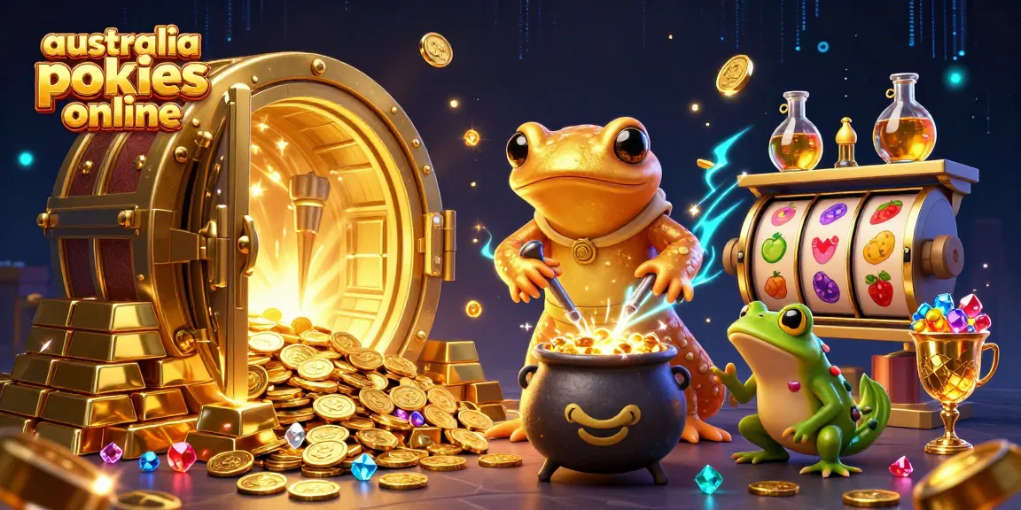 Spin the reels with the dynamic illustration of australia pokies online showcasing a gold-filled adventure.