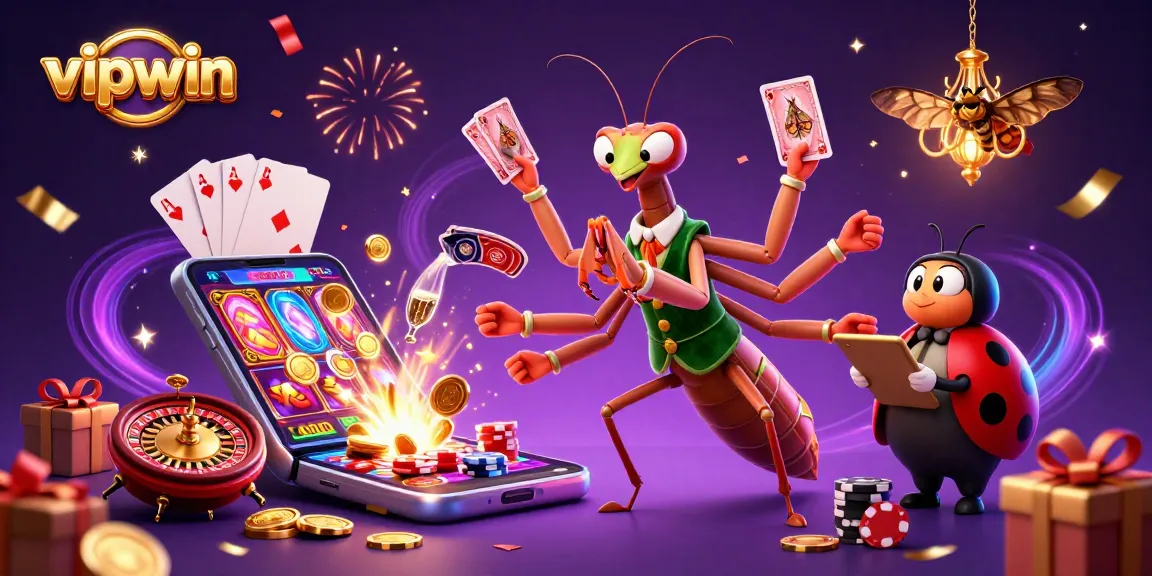 Experience vipwin's vibrant gaming scene with a cartoon praying mantis and ladybug in a lively casino setting.