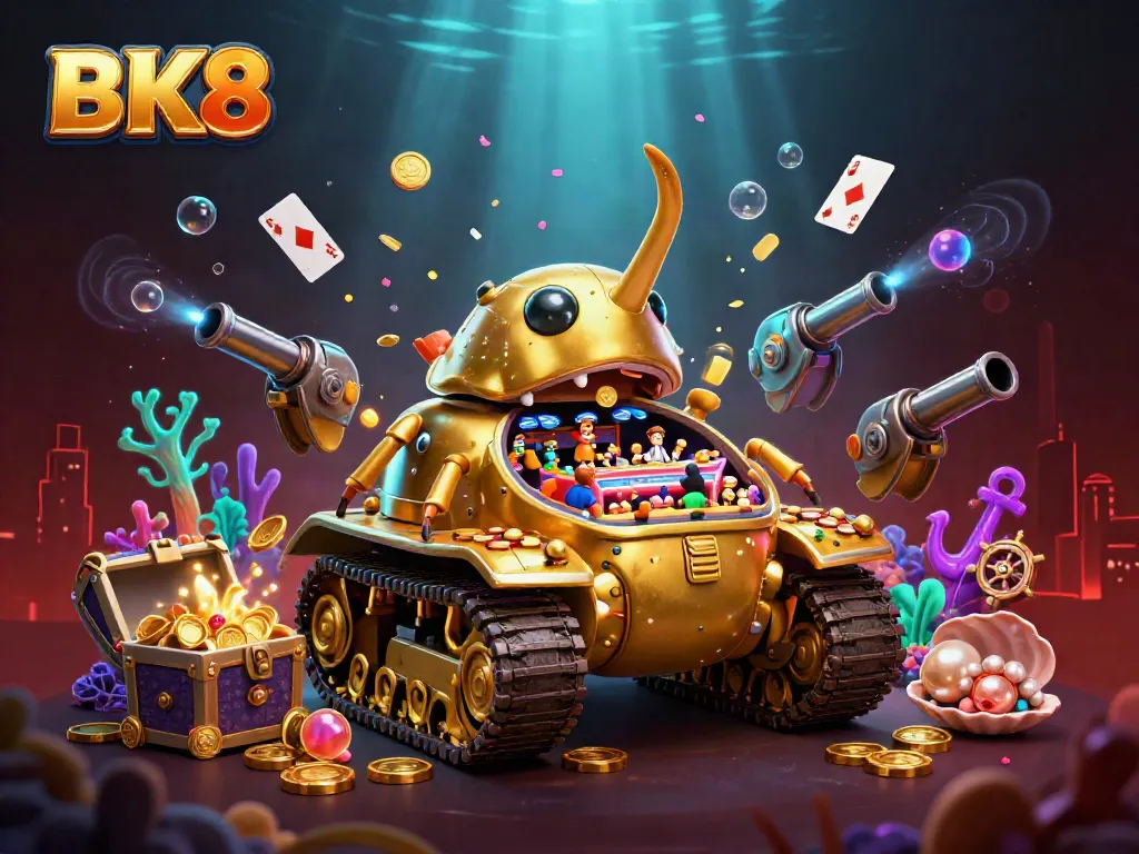 Experience the excitement of BK8 with this vibrant 3D casino scene featuring a golden beetle tank and dynamic game elements.