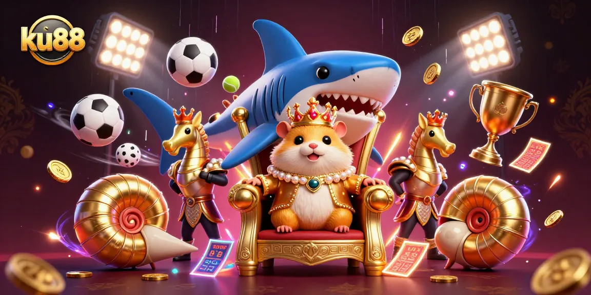 ku88 showcases an epic golden hamster king enthroned amid vibrant sports betting elements in a 3D scene.