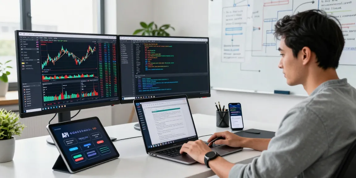 Real-time stock data visualization on multiple screens illustrating a multi-ticker US stock batch API integration in a modern workspace.