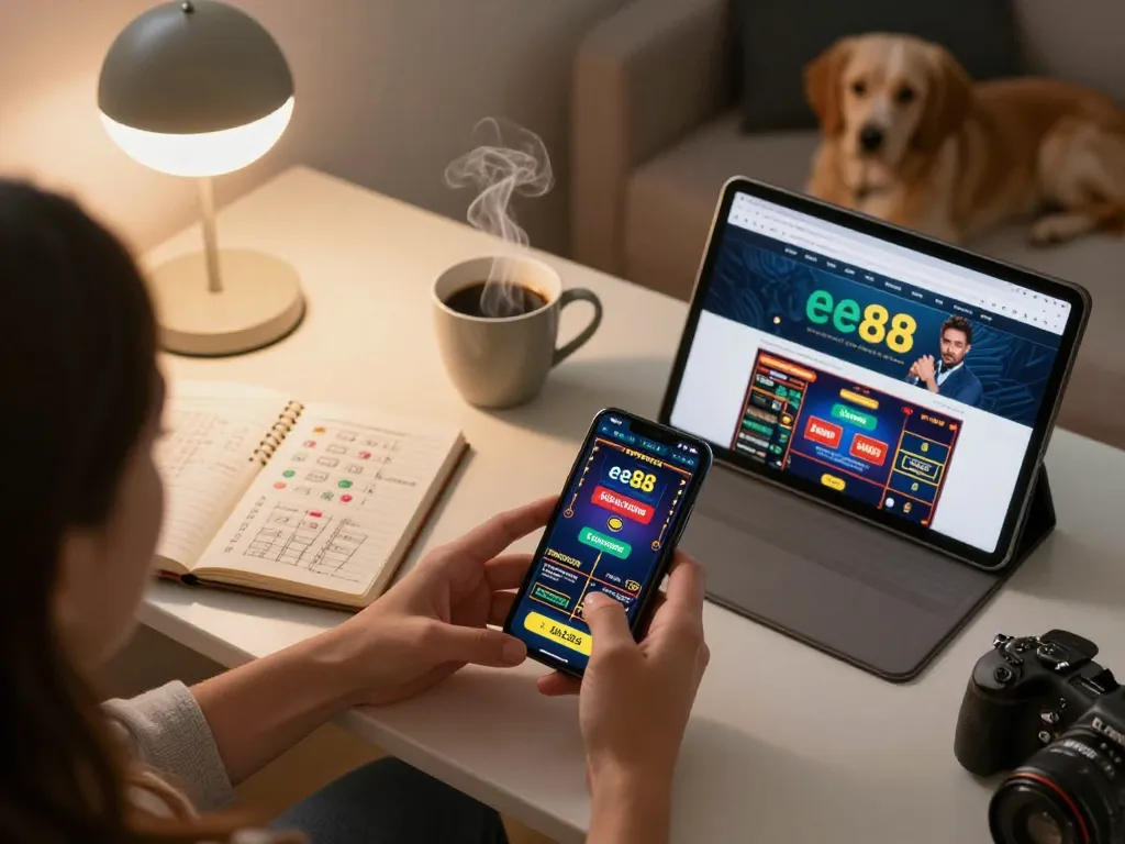 Player enjoying an exciting session on the ee88 app in a cozy living room, combining comfort and strategic gaming.