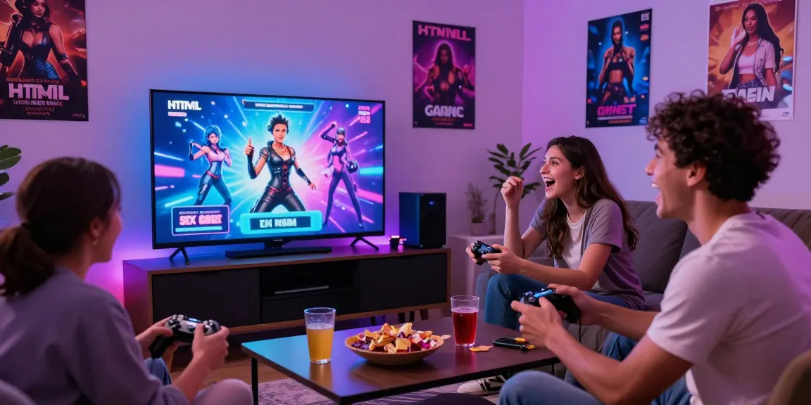 Group of friends playing HTML sex games together in a vibrant gaming room.