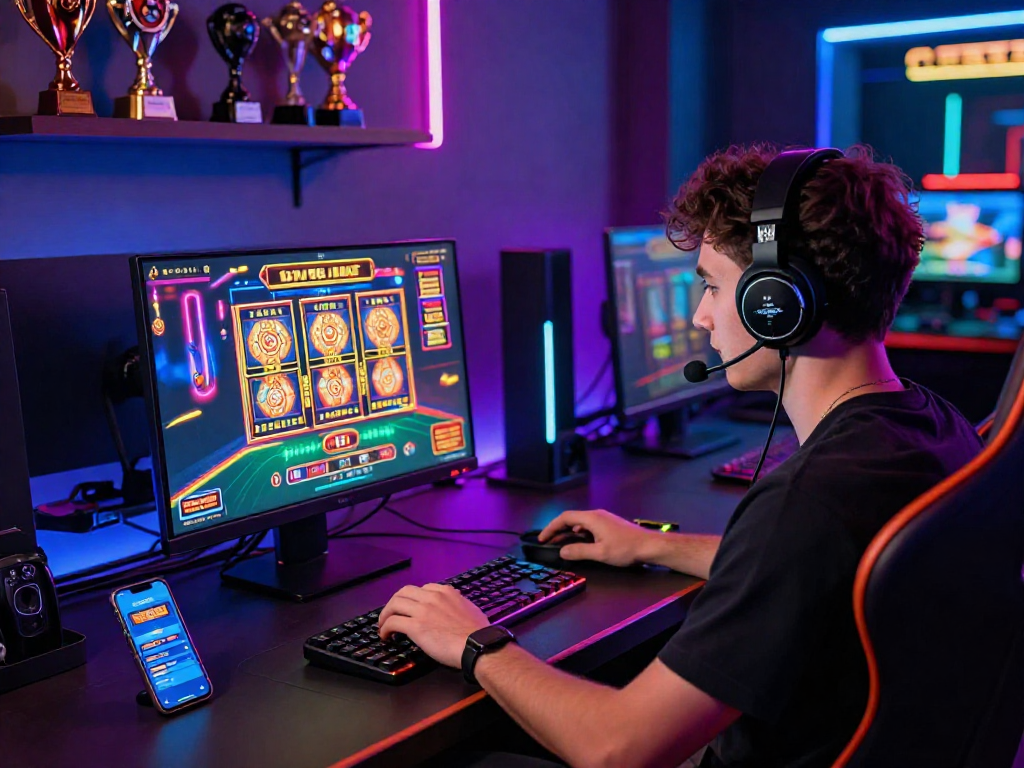 Giocatore di casinò online non AAMS immerso in un'esperienza di gioco avvincente, con computer e accessori da gaming in un ambiente moderno.
