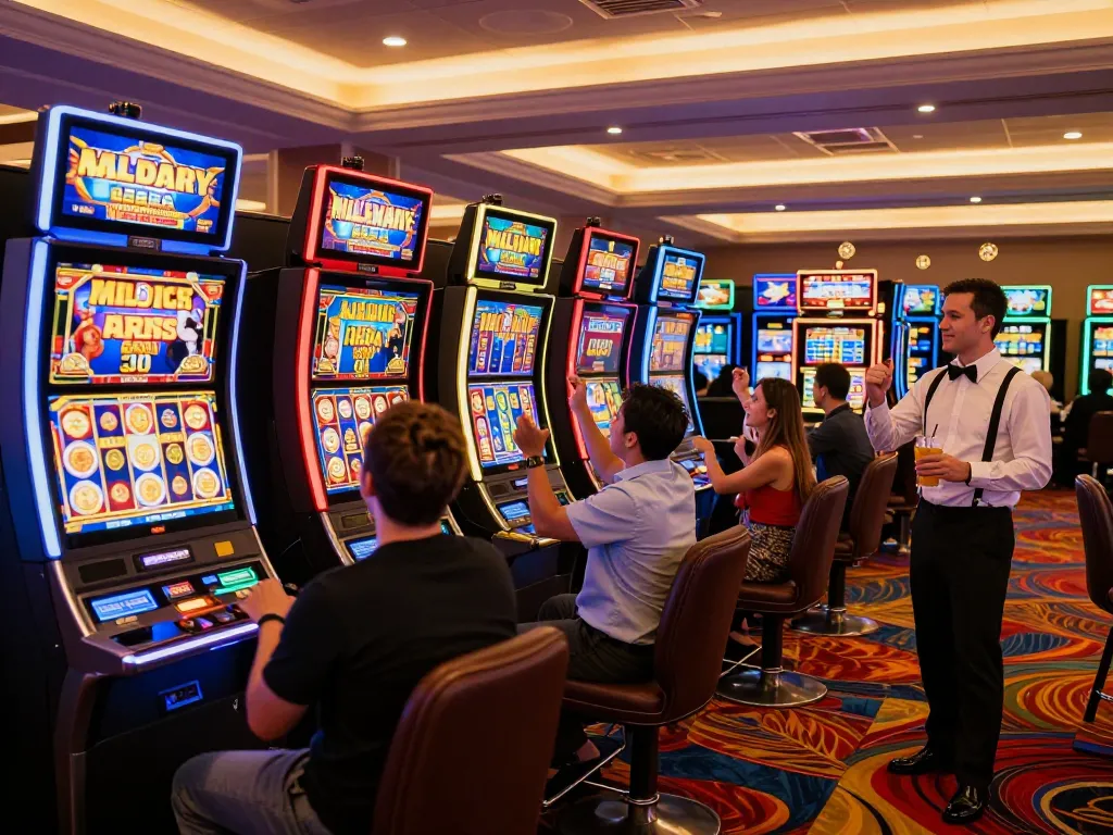 Players spinning slots at Jus77 casino, celebrating wins with coins cascading from machines.