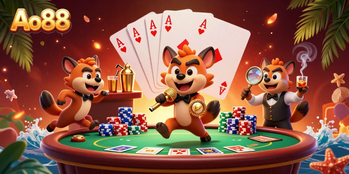 Experience the excitement of Ao88 with lively hyena characters in a vibrant casino scene.