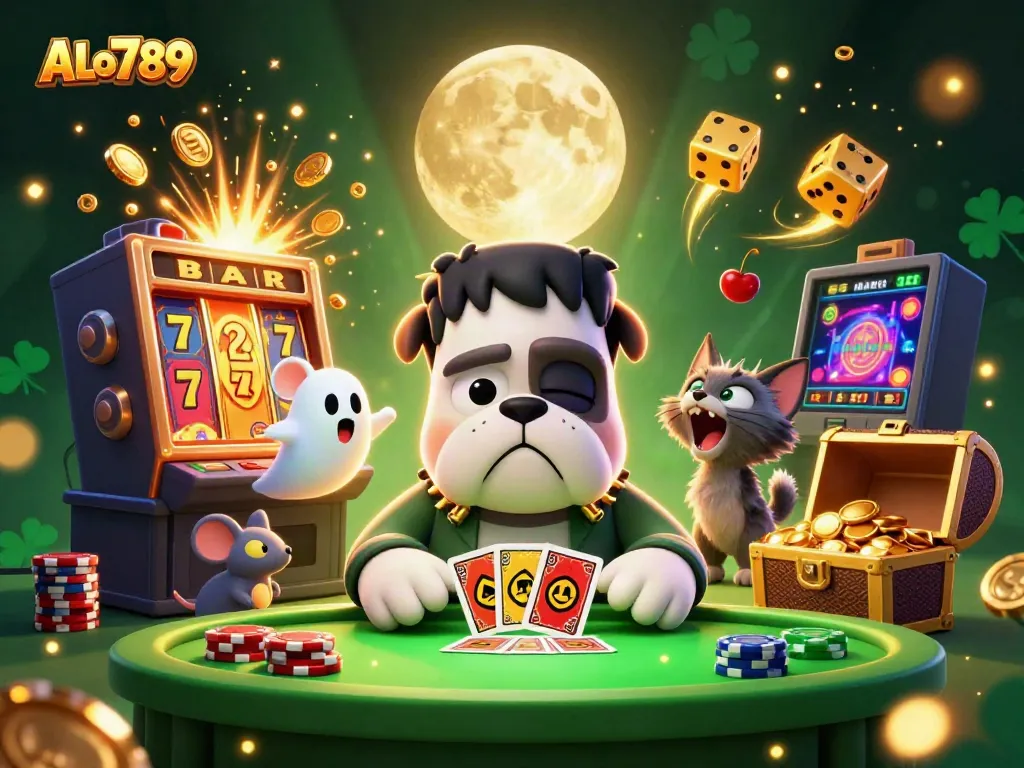 Experience thrilling gameplay at ALo789 with a 3D casino scene featuring vibrant characters and dynamic elements.
