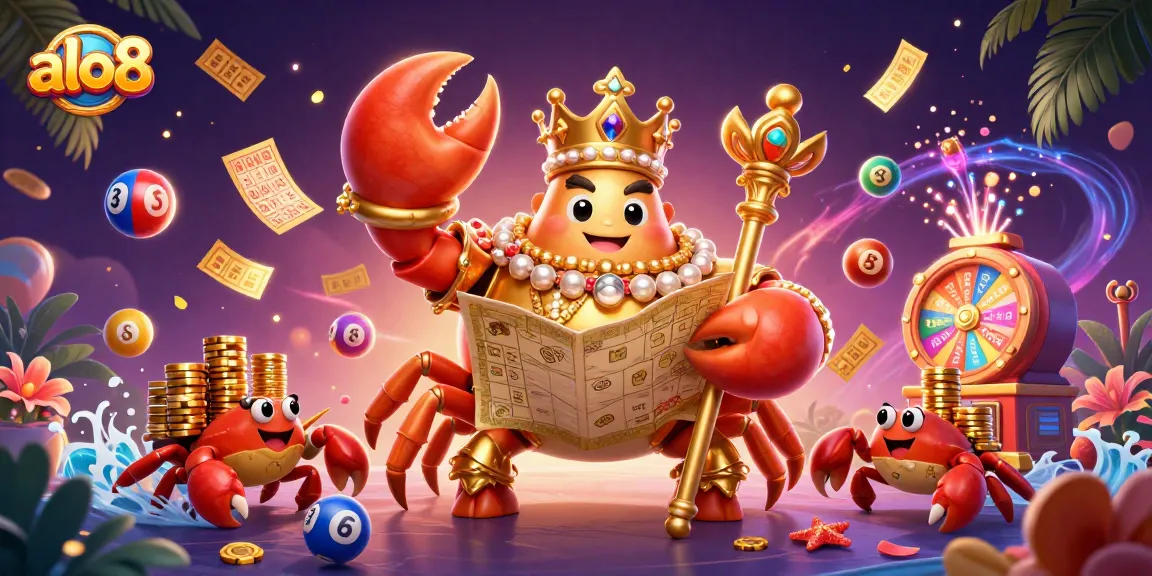 Engage with the vibrant world of ALO8 through a captivating illustration of a golden crab emperor ruling over exciting casino elements.