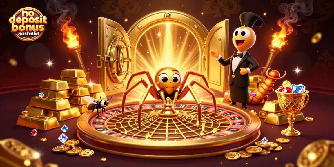 No deposit bonus Australia thrills with a golden spider roulette web and a centipede croupier.