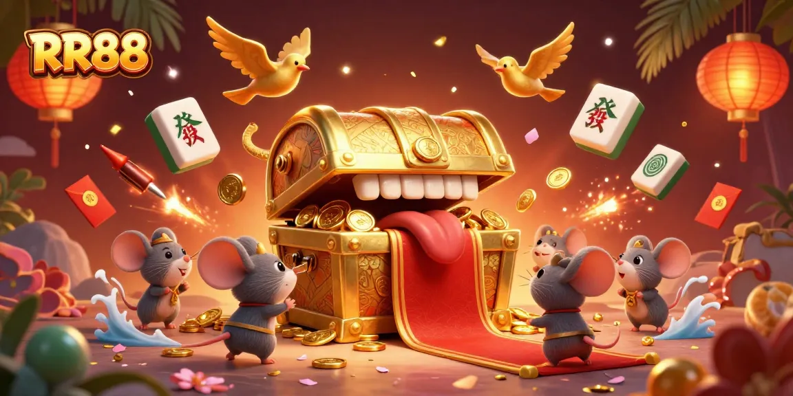 Experience the thrill of RR88 with a golden treasure chest and adventure elements in a vibrant casino scene.