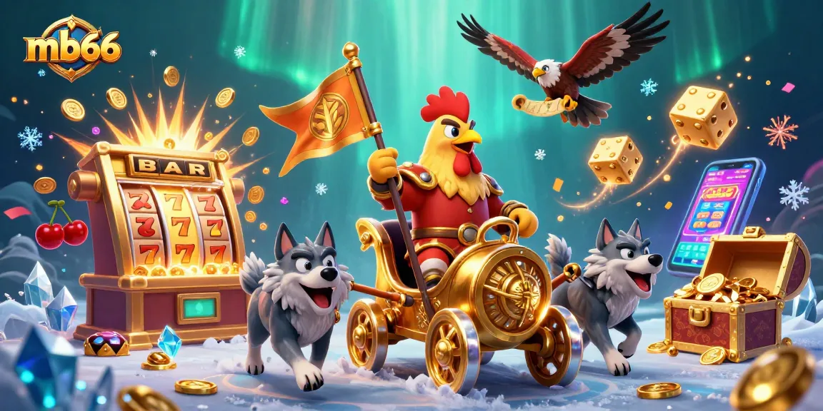 Spin the reels with mb66 at a vibrant casino scene featuring a golden chariot and jackpot winnings.