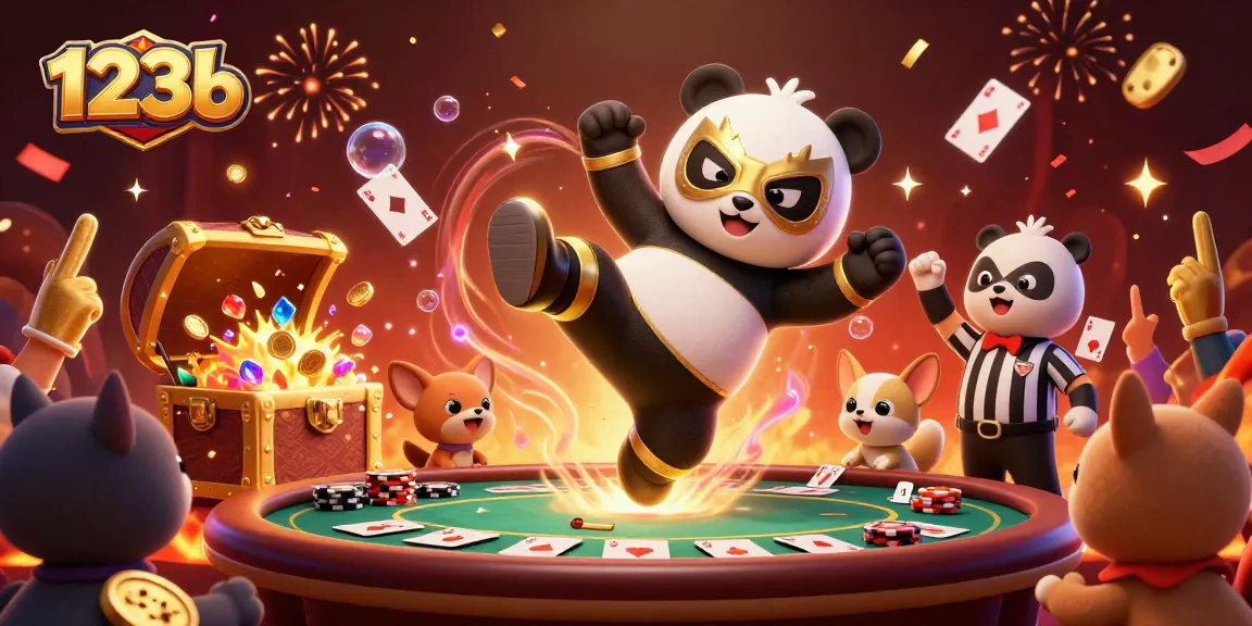 Exciting 123b casino scene with a panda wrestler kicking as animals cheer, showcasing vibrant gambling elements.