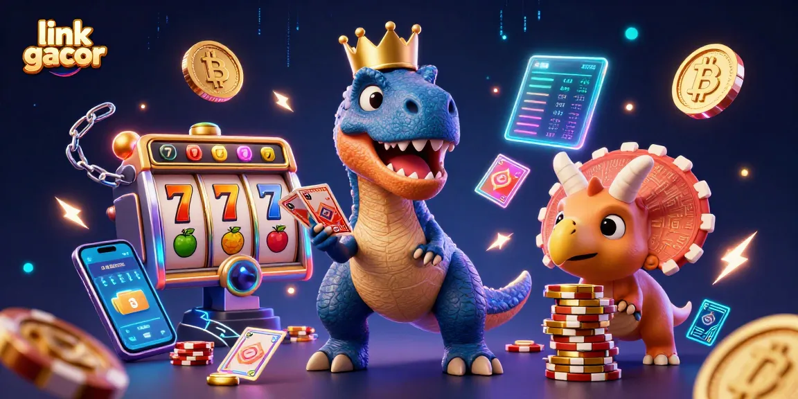 Engage in thrilling gameplay with link gacor featuring T-Rex card shuffling and vibrant casino elements.