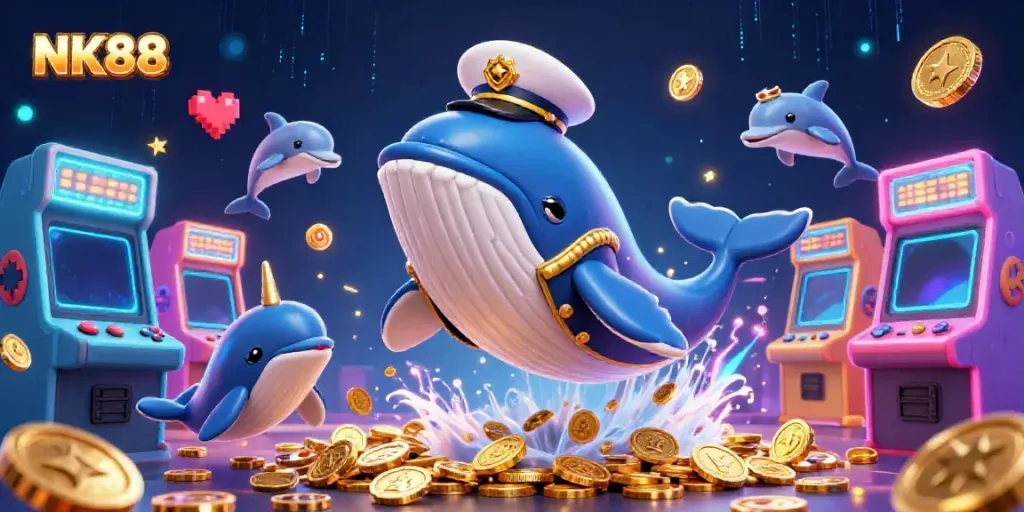 Experience the thrill of NK88 with a cartoon whale and aquatic characters playing among vibrant casino elements.