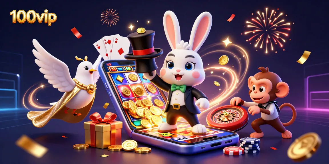 Engage with 100vip in a vibrant casino scene as a magician rabbit pulls coins from a hat amidst excitement.