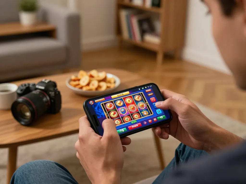 Play 789 slot games on a smartphone, showcasing vibrant graphics and user-friendly interface in cozy home setting.
