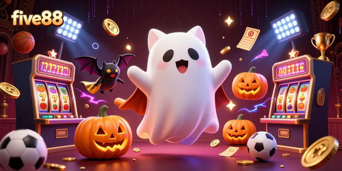 Join five88 for a thrilling haunted casino adventure with a ghost cat, vampire bat, and glowing jack-o-lanterns.