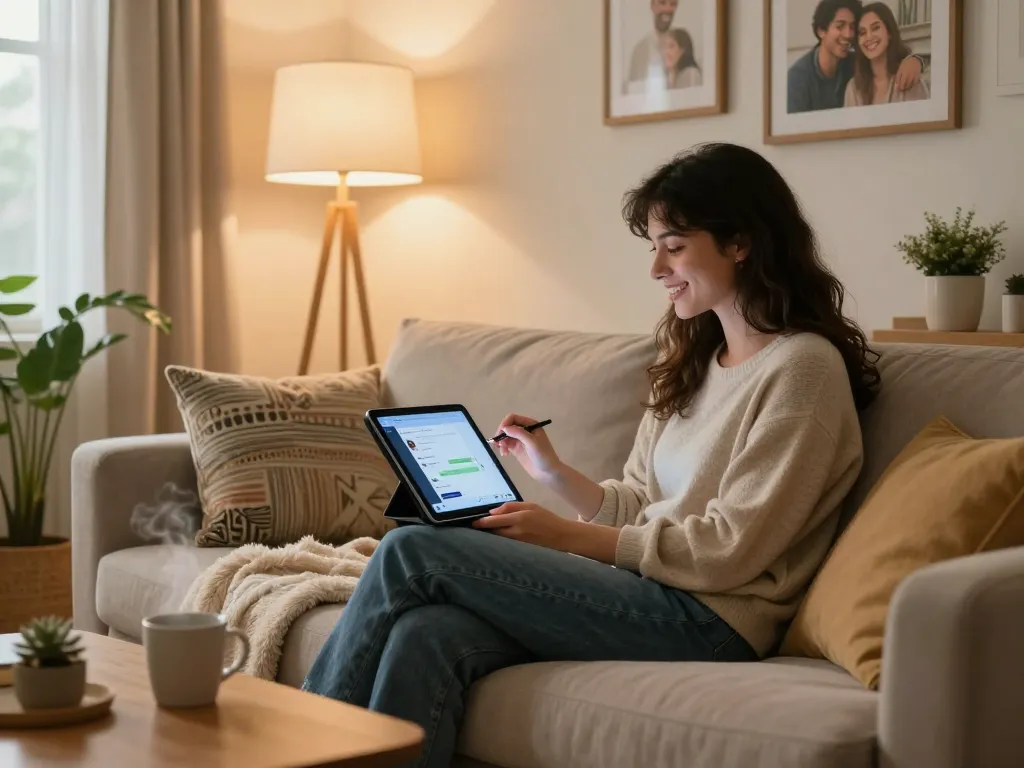 User enjoying a cozy chat with their AI gf in a warm living room setting with a tablet.