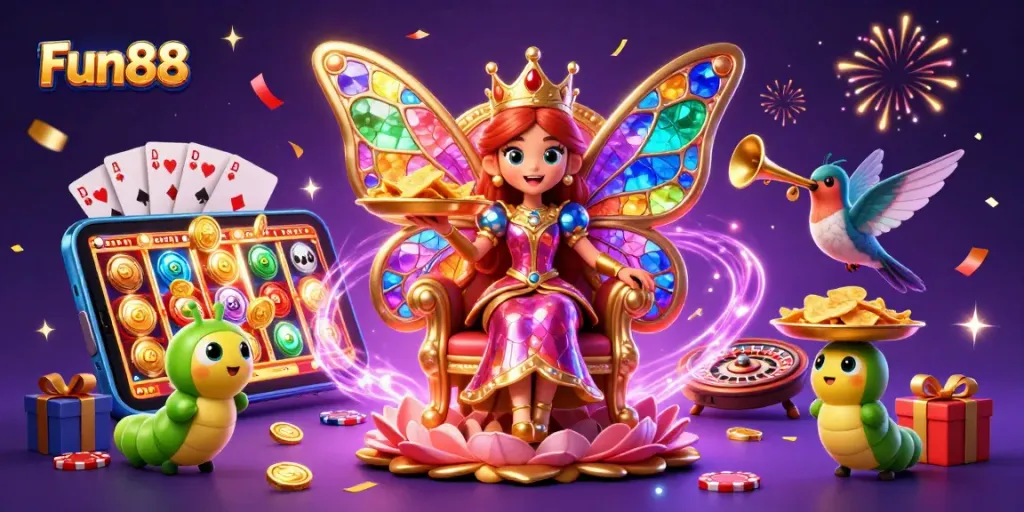 Experience Fun88's thrilling gaming atmosphere with vibrant characters and dynamic casino elements.