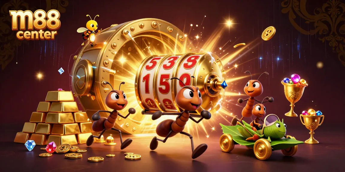 Experience the thrilling heist of a giant slot reel at m88 center with playful cartoon ants and vibrant treasures.