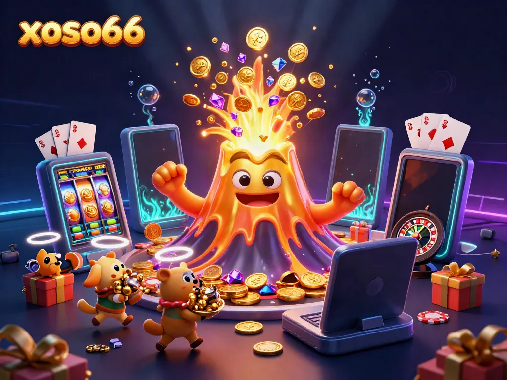 Experience the excitement of xoso66 with a golden volcano erupting coins and animated characters in a dynamic casino scene.